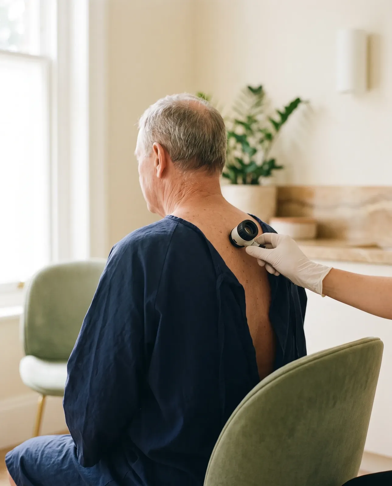 A clinician's gloved hand holding a dermatoscope against the upper back of a seated older man