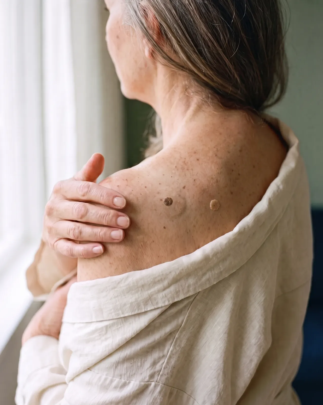 A woman seen from behind, her hand on her shoulder beside a raised, brown, stuck-on seborrhoeic keratosis on her upper back