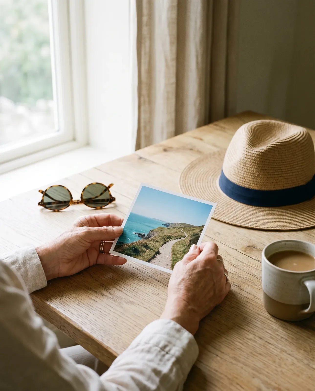 Hands holding a printed holiday photograph of a coastal path, beside sunglasses, a straw hat and a coffee