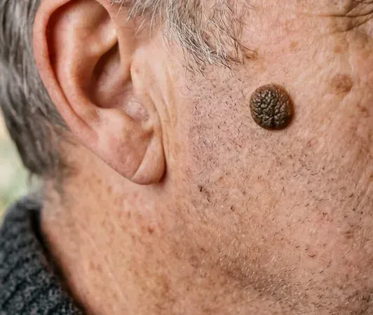 A typical seborrhoeic keratosis on the cheek, with a stuck-on, slightly warty appearance