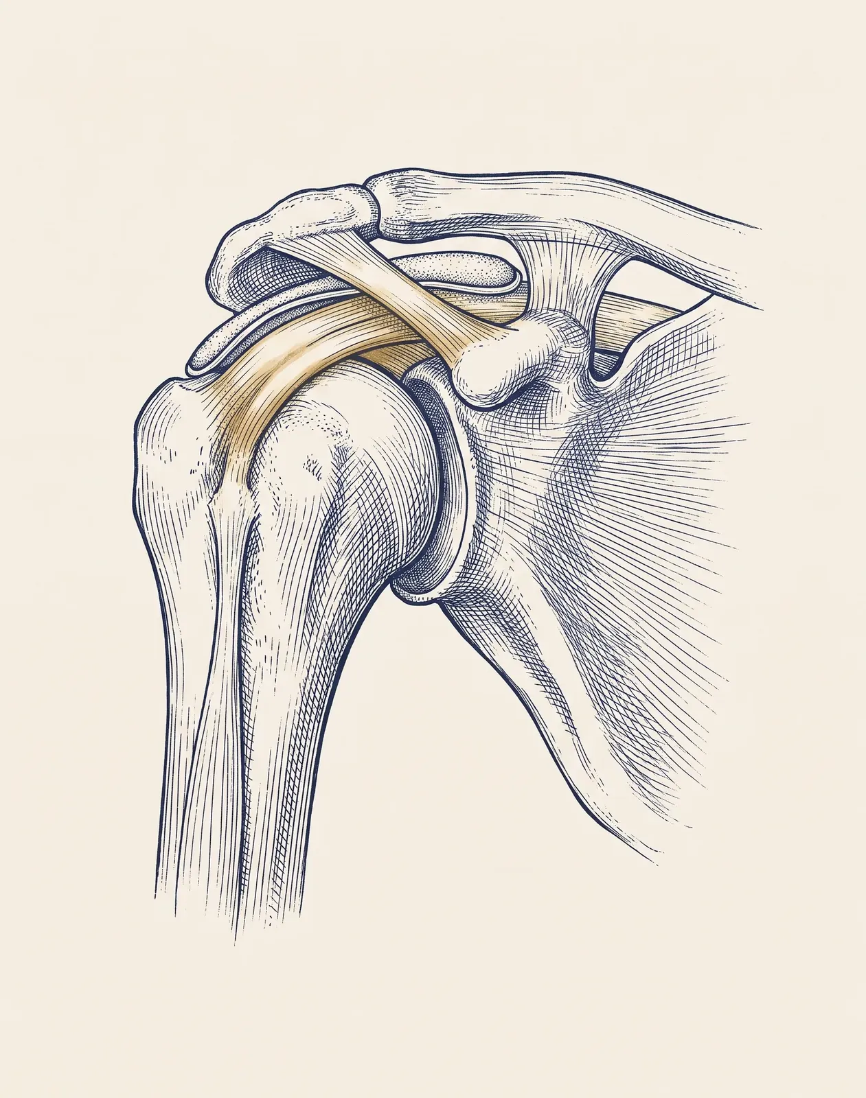 Engraved illustration of the shoulder showing the acromion, clavicle, AC joint, supraspinatus tendon, humeral head and glenoid