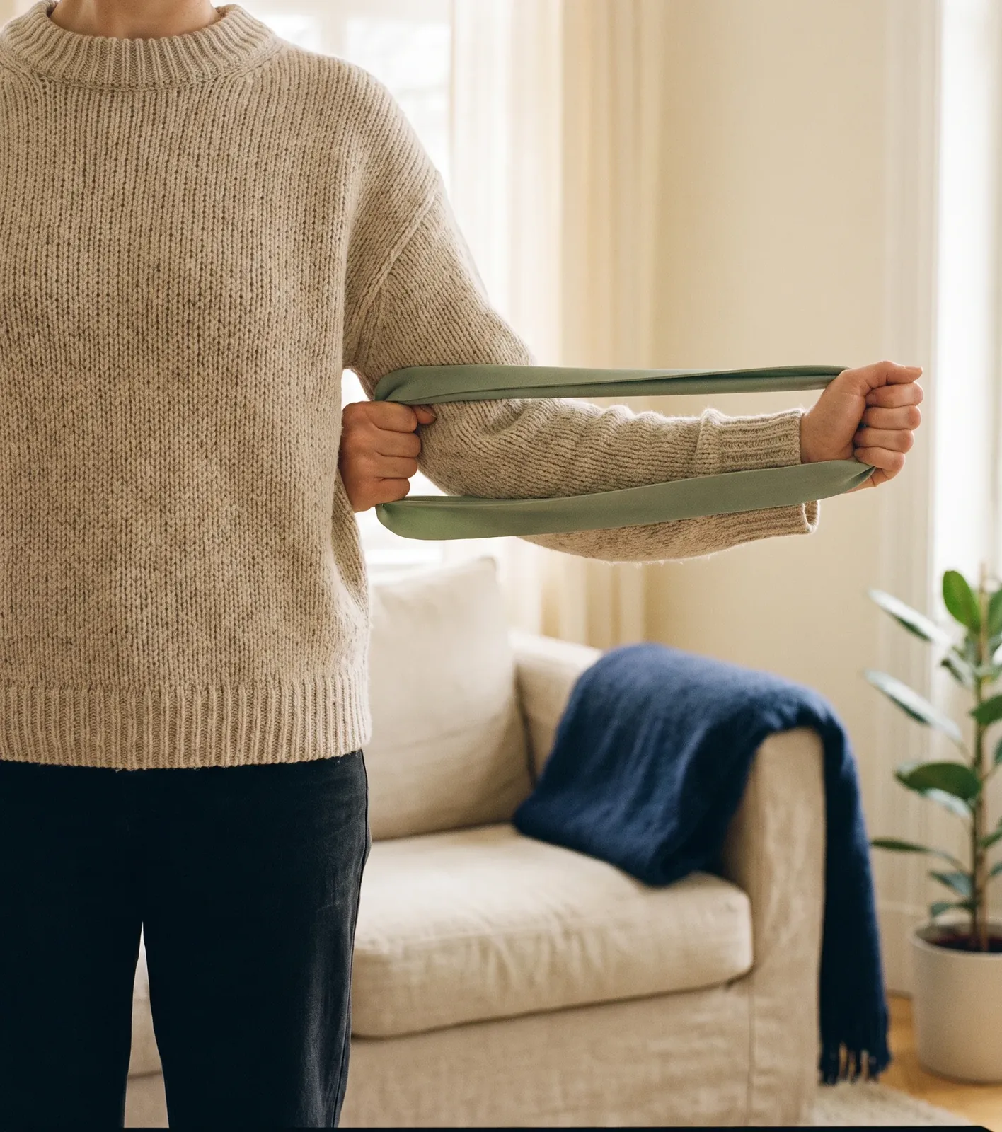 Person doing a shoulder exercise with a resistance band at home