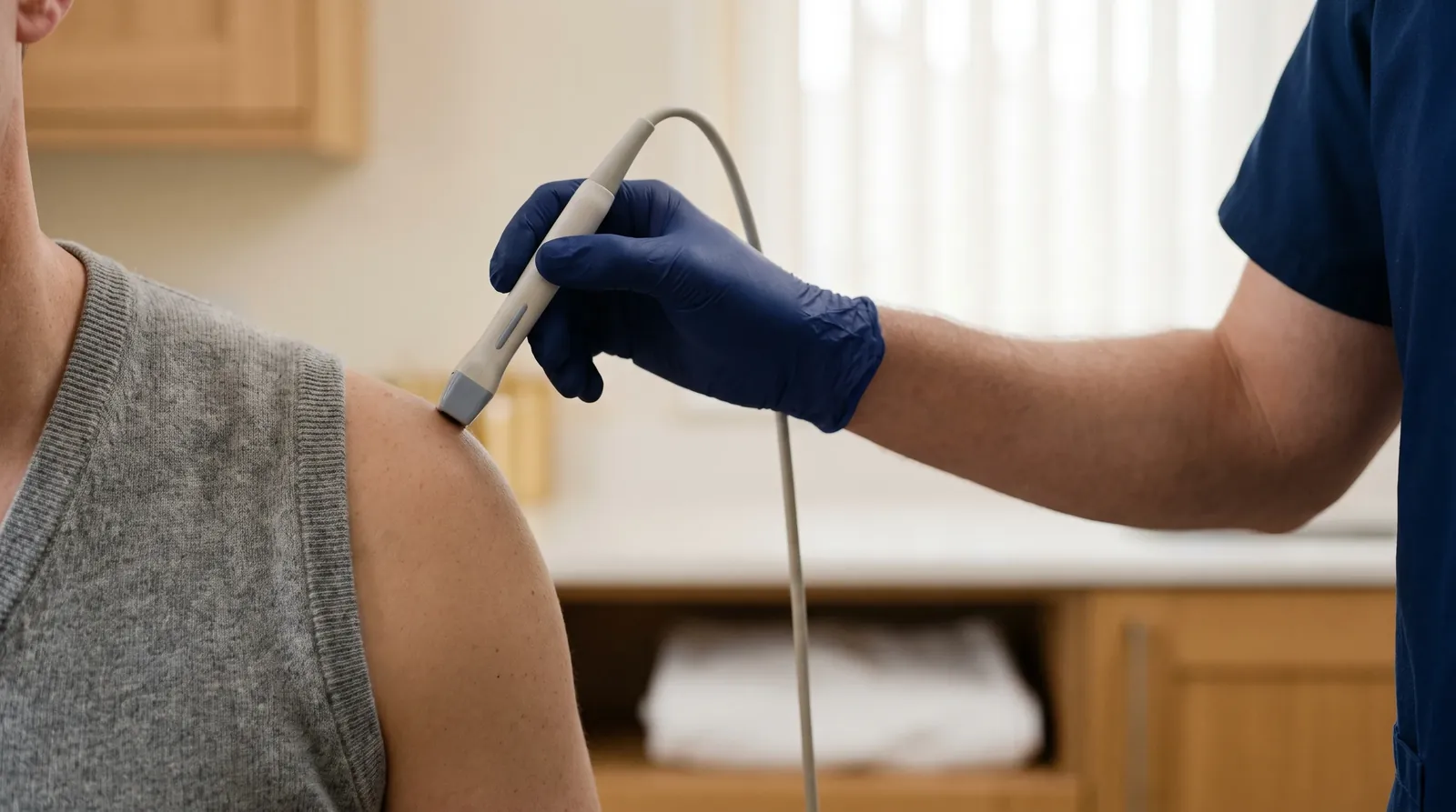 Clinician placing an ultrasound probe on a patient's shoulder