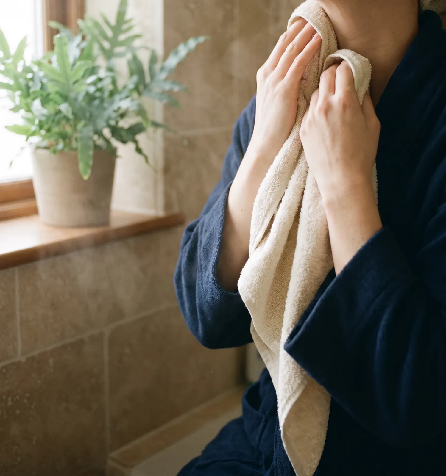A woman gently patting the side of her neck dry with a soft cream towel