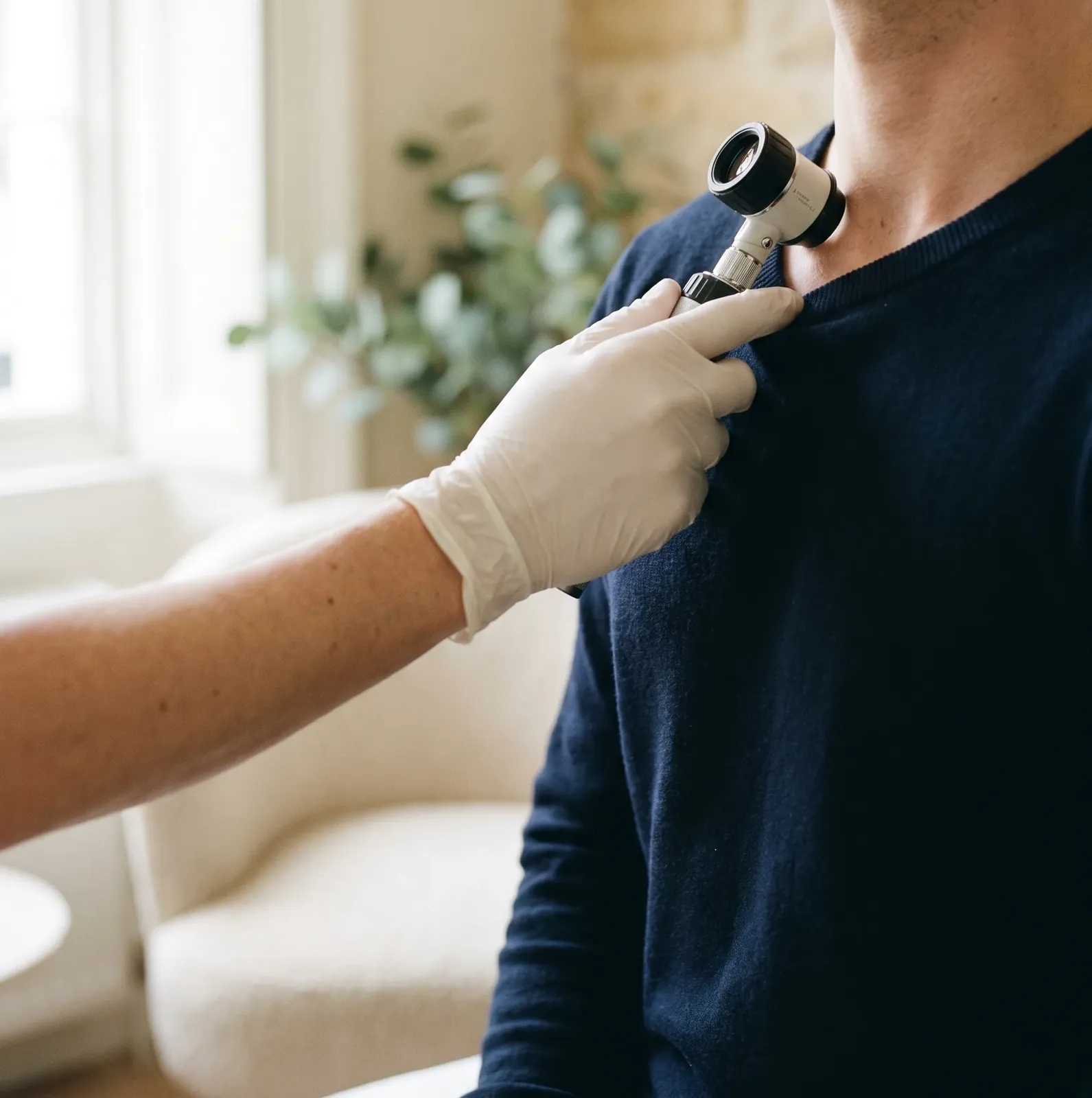A clinician's gloved hand holding a small dermatoscope near the base of a patient's neck