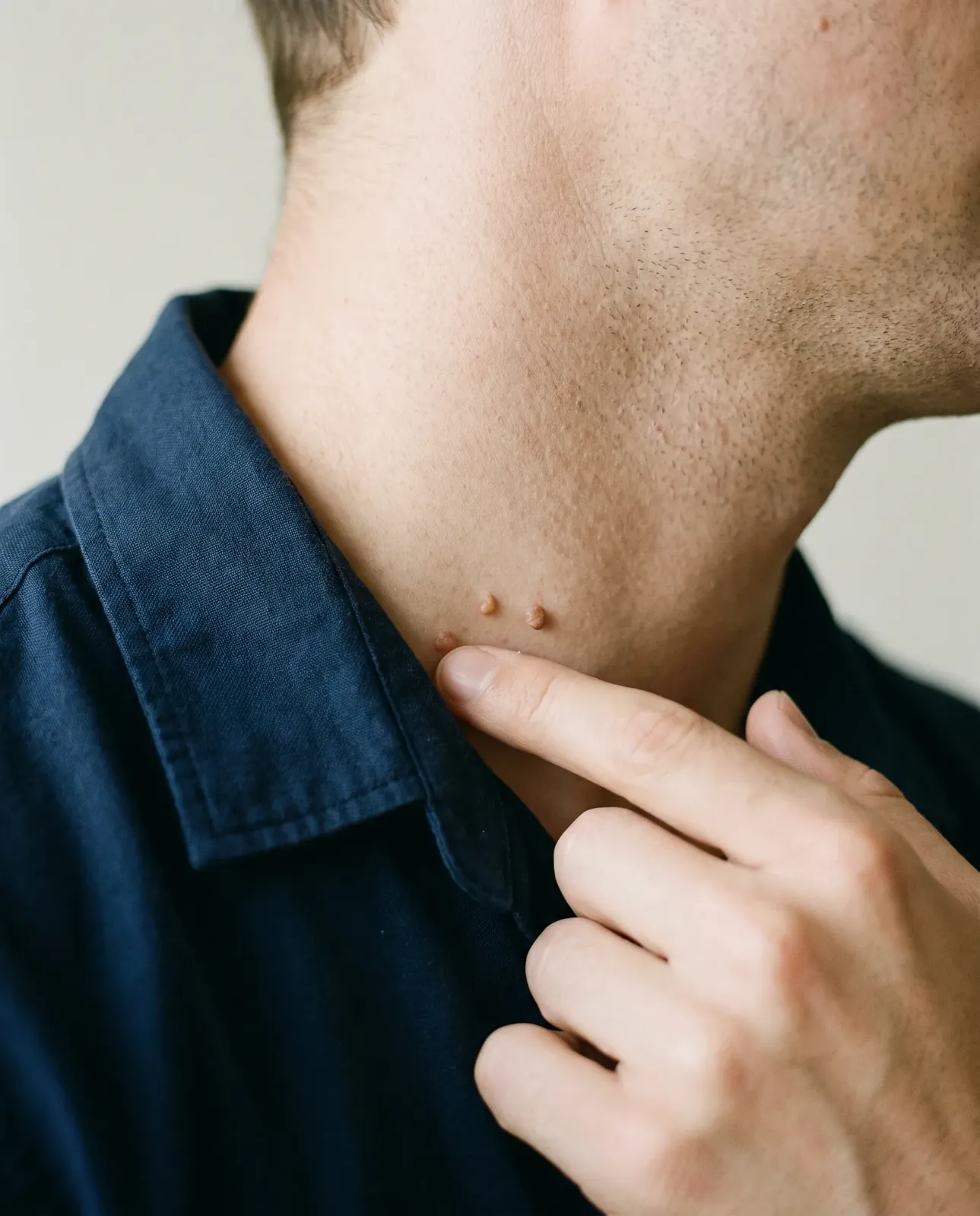 A finger touching small skin tags on the side of the neck, just above a shirt collar