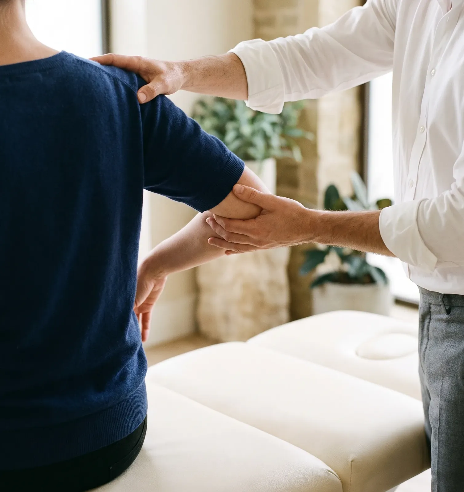 A doctor's hands resting on a patient's shoulder and supporting the elbow during an examination