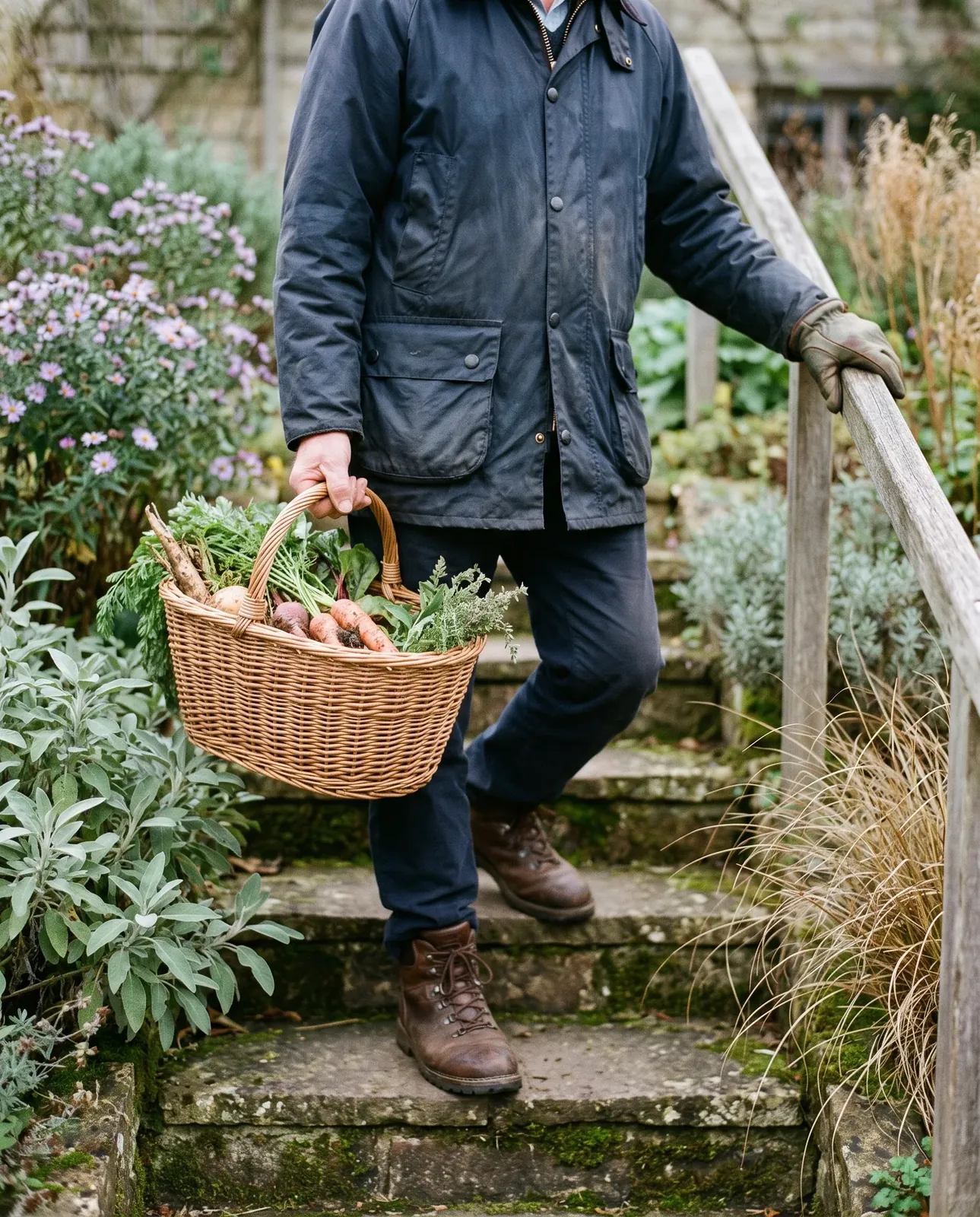 A man carrying a basket of garden vegetables up stone garden steps