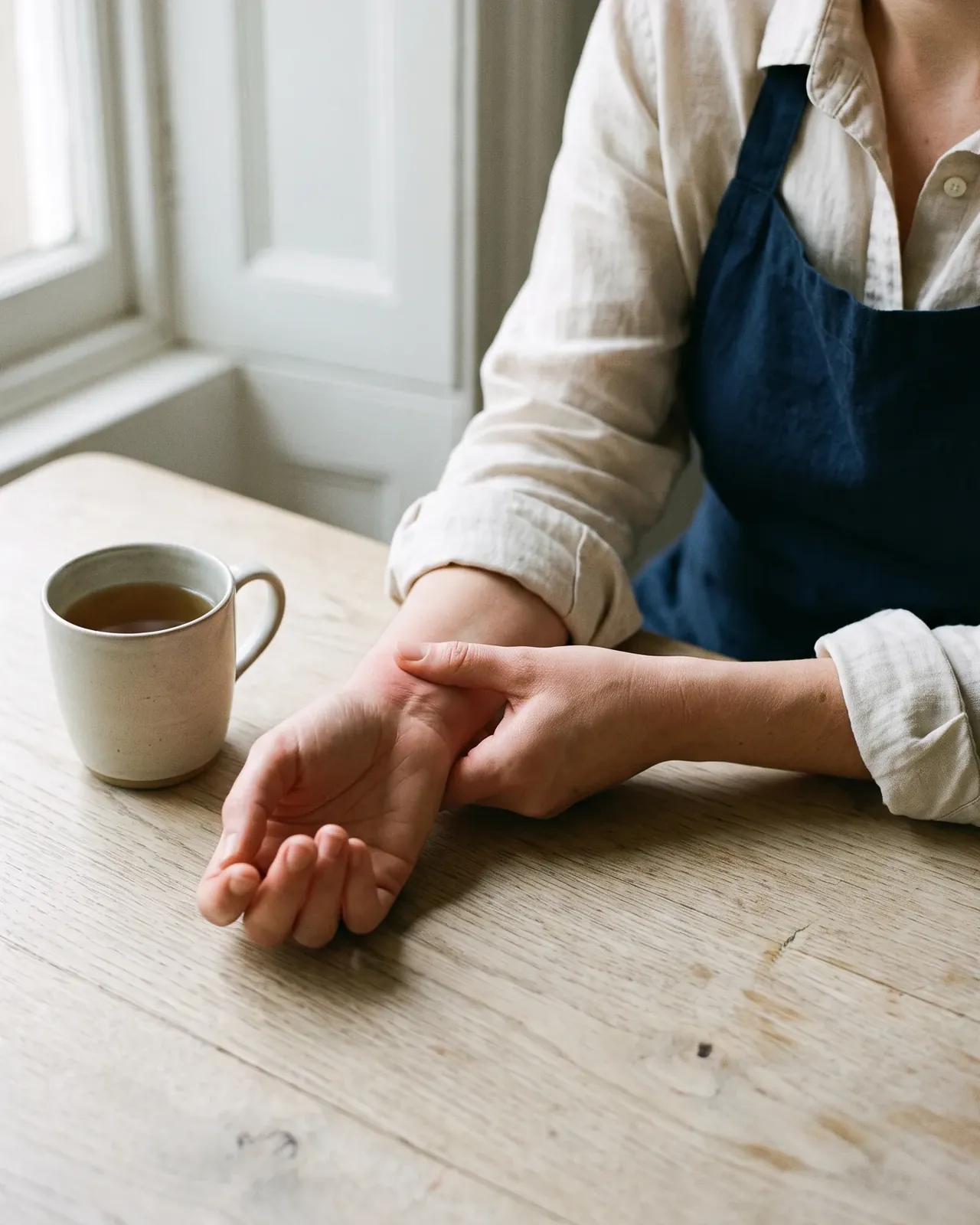 A person at a kitchen table cradling a sore, slightly swollen wrist, a cup of tea set down untouched beside it
