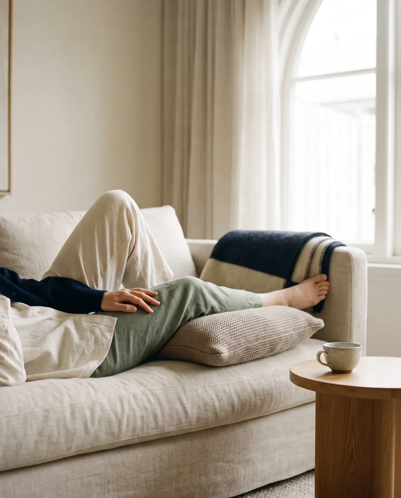 A person resting on a linen sofa with one knee supported on a cushion and a cup of tea beside them