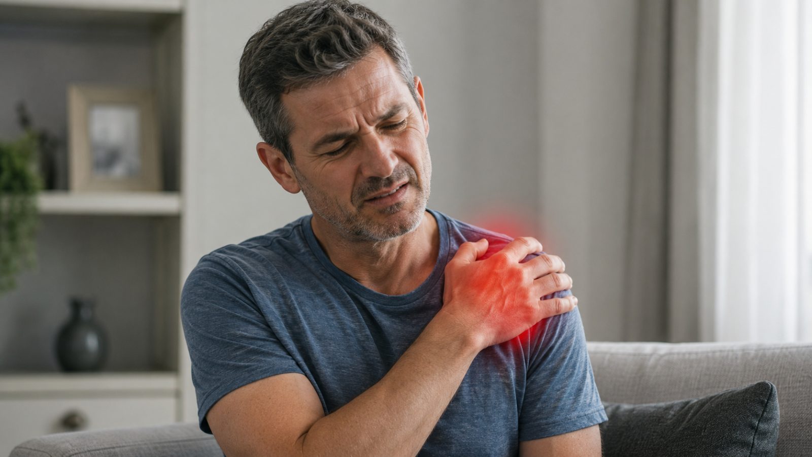 Man experiencing shoulder pain at home, holding his shoulder with discomfort