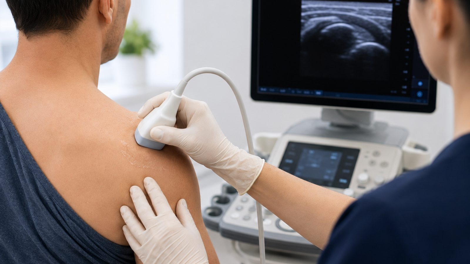Clinician performing an ultrasound-guided shoulder examination with live imaging on screen