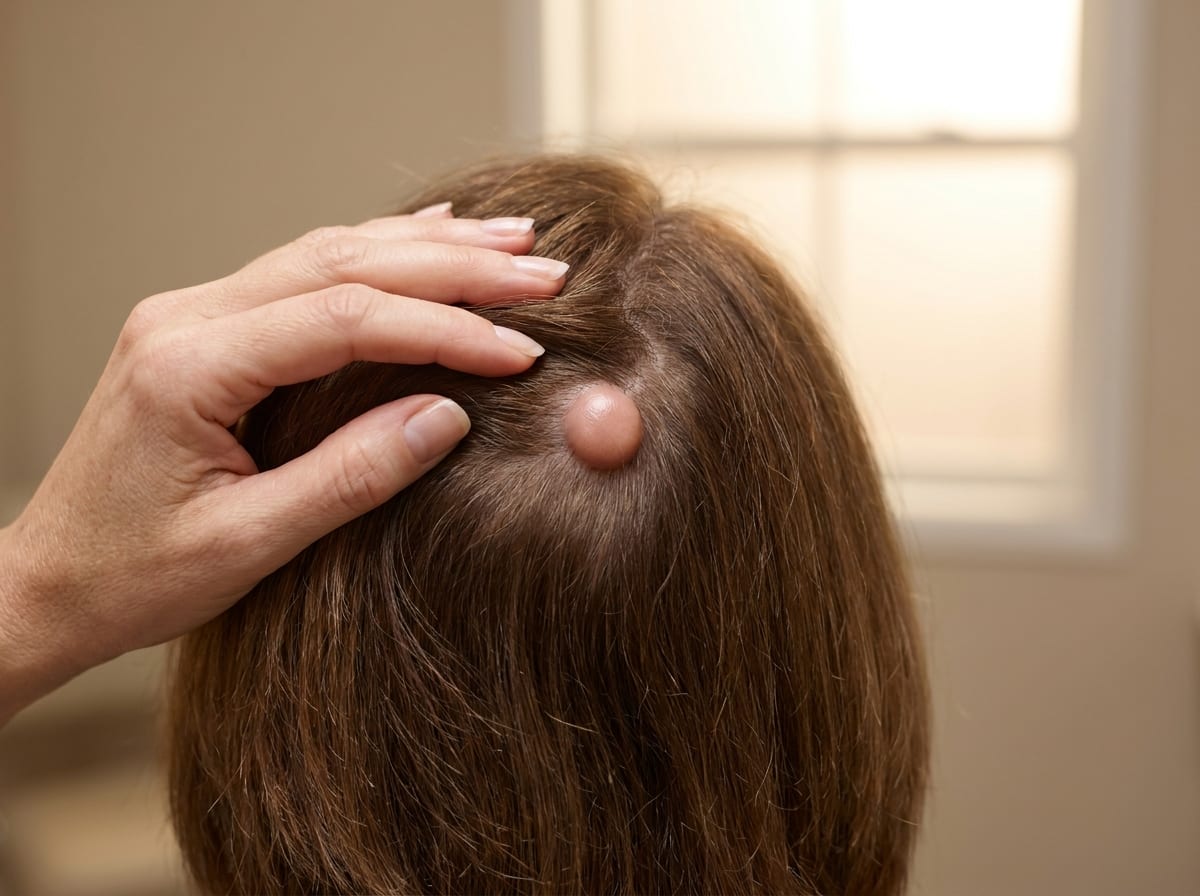 A woman parting her hair to reveal a smooth, dome-shaped pilar cyst on her scalp