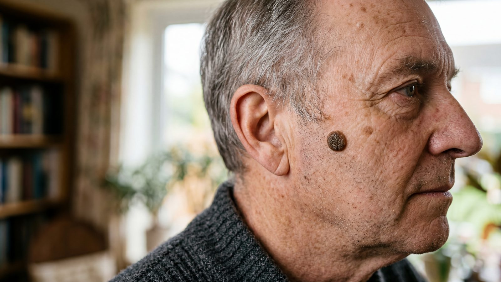 A typical seborrhoeic keratosis on the cheek, with a stuck-on, slightly warty appearance